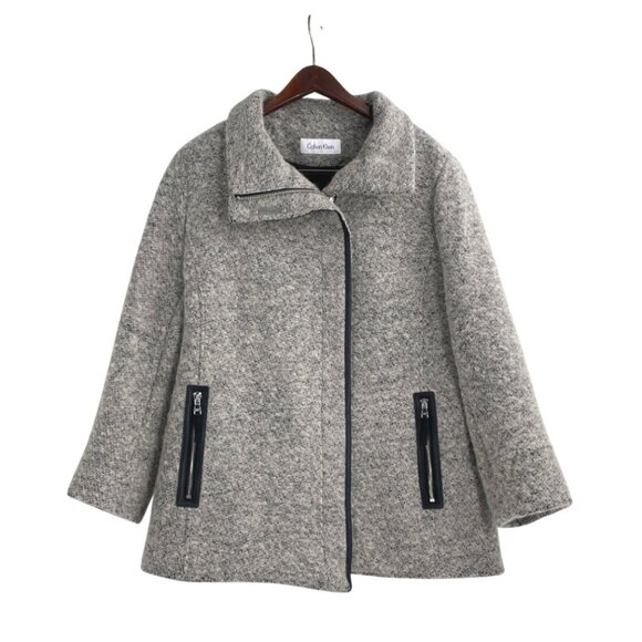 Calvin Klein Womens XL Gray Boucle Wool Blend Asymmetrical Zip Jacket Classic Ch - Picture 1 of 8